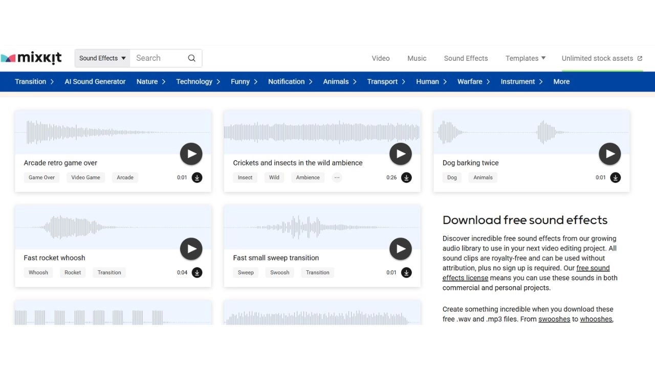 Mixkit có nhiều hiệu ứng âm thanh miễn phí, chất lượng cao cho TikTok, Reels và Shorts