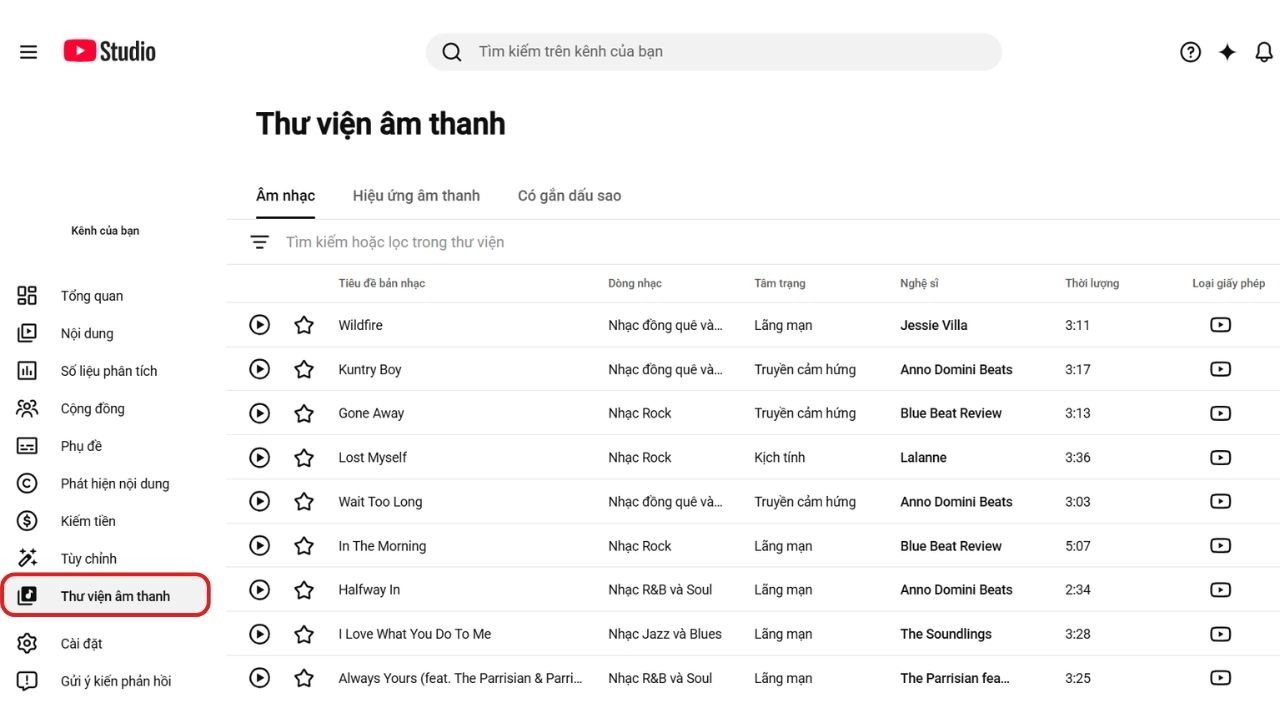 YouTube Audio Library có nhiều Sound Effects miễn phí, dễ tìm kiếm và sử dụng